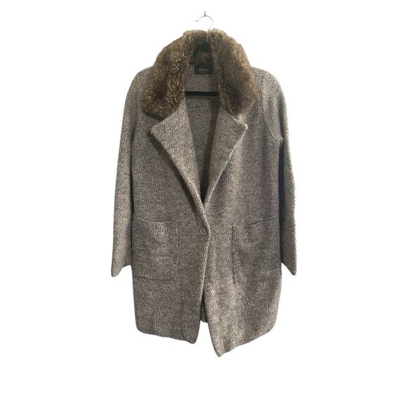 ZARA KNIT Small Fur Collar Long Cardigan Sweater Coat Taupe Pockets #5648 - Picture 1 of 11